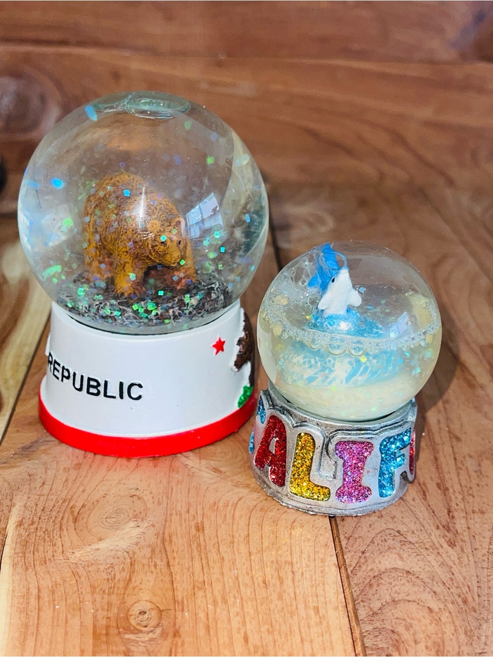 Bear Snow Globe & Dolphin 'CALIF' Glitter Globe Set - Clear, White, Red, Blue